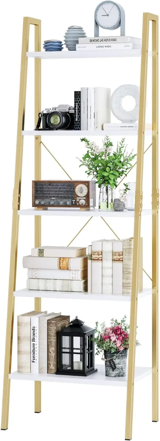 Ladder Shelf, Gold Bookcase Bookshelf with Metal Frame, Display Shelf Plant  Accent Furniture for Home Office, White/Golden Dess