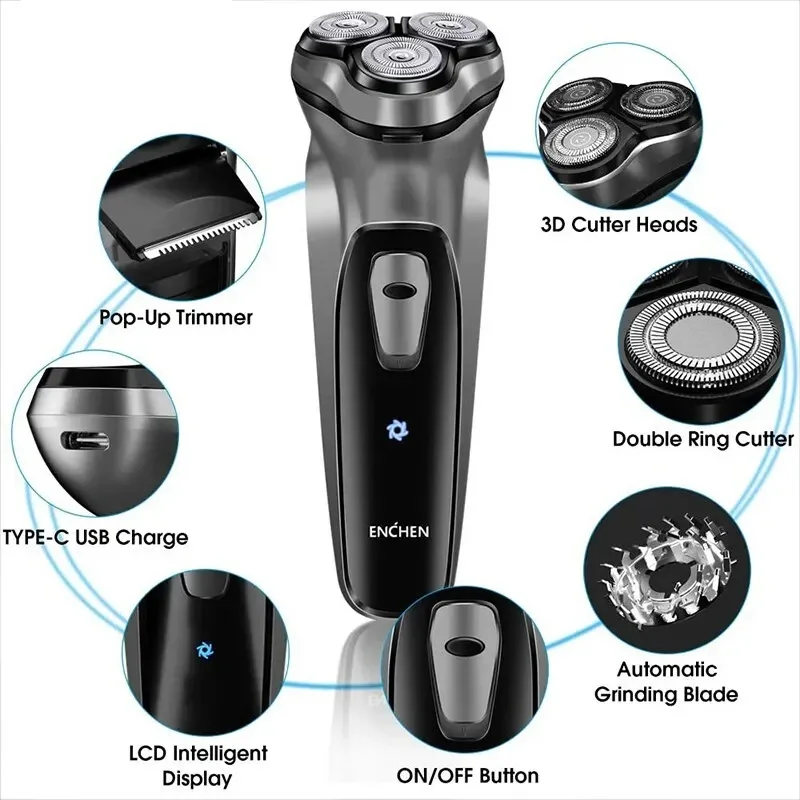 Electric shaver ENCHEN BlackStone Electric Shaver Razor Men Type-C Rechargeable Shaving Beard Machine Intelligent Control Travel Lock
