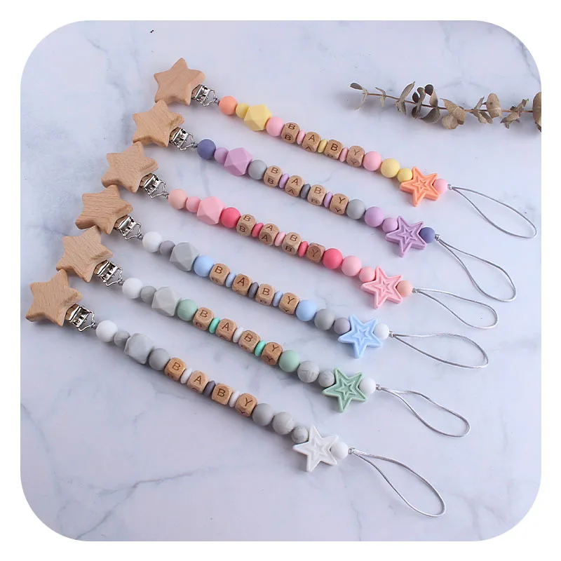 

Personalized Name Five-pointed Star Pacifier Clips Nipple Holder Chain Silicone Teething Toys Pacifier chain Shower Chew Gift