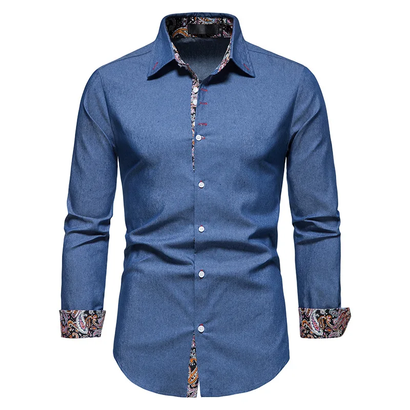 Mens Casual Denim Dress Shirts Long 