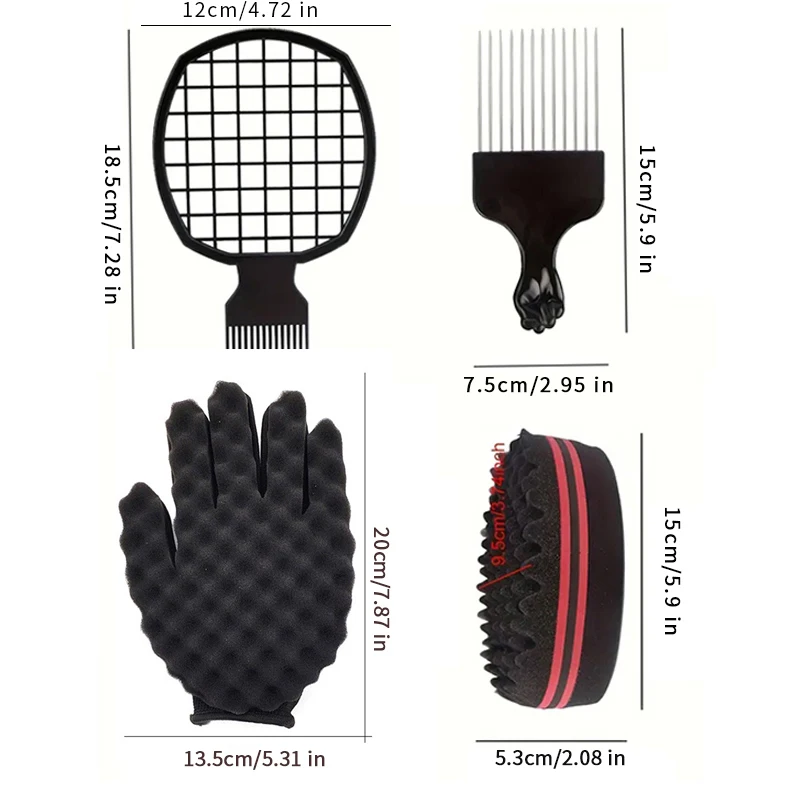 pcs Hair Sponge Set With Curl Sponge Glove, Afro Hair Sponge Barber Brush, Metal Hair Pick And Hair Twist Comb 5