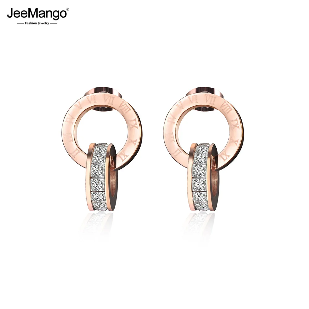 JeeMango Goldfarbene, glänzende Zirkonia-Tropfenohrringe für Damen, Edelstahl-Kreis-Ohrhänger, Geburtstagsschmuck E17014