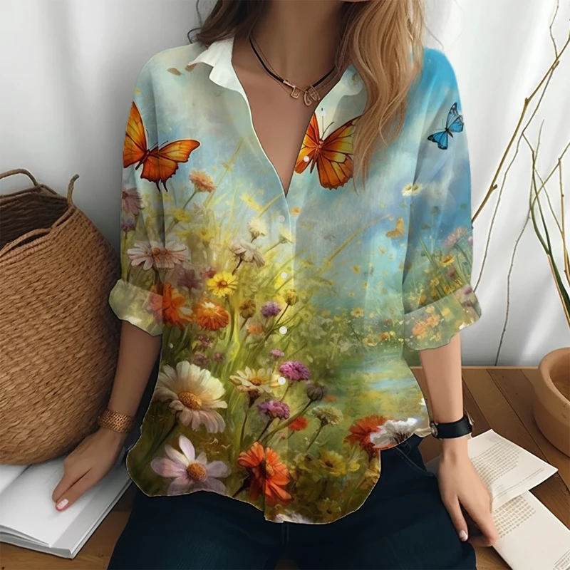 

Уличная Повседневная Женская одежда, новинка, рубашка с 3d принтом бабочки, гавайская женская рубашка с длинным рукавом, модная рубашка