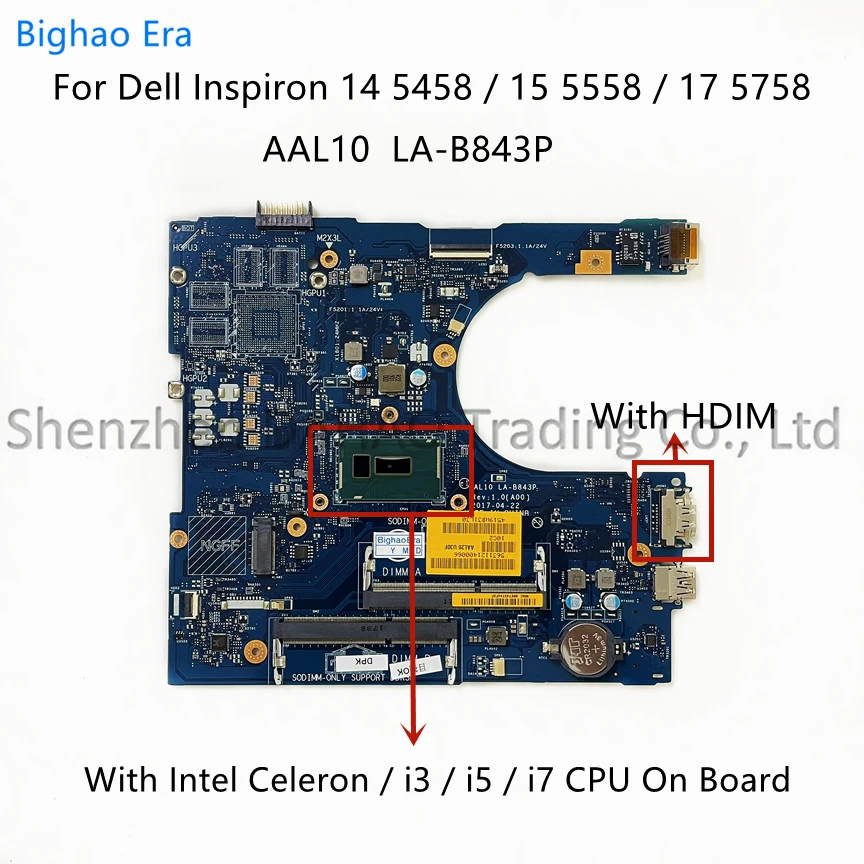 Placa-mãe Portátil para Dell Dell Inspiron 5458 155558 17 5758 Laptop Intel i3 i5 Cpu i7 Ddr3cn:0n9t5p 0f0fc6 0frv68 0rc3pn