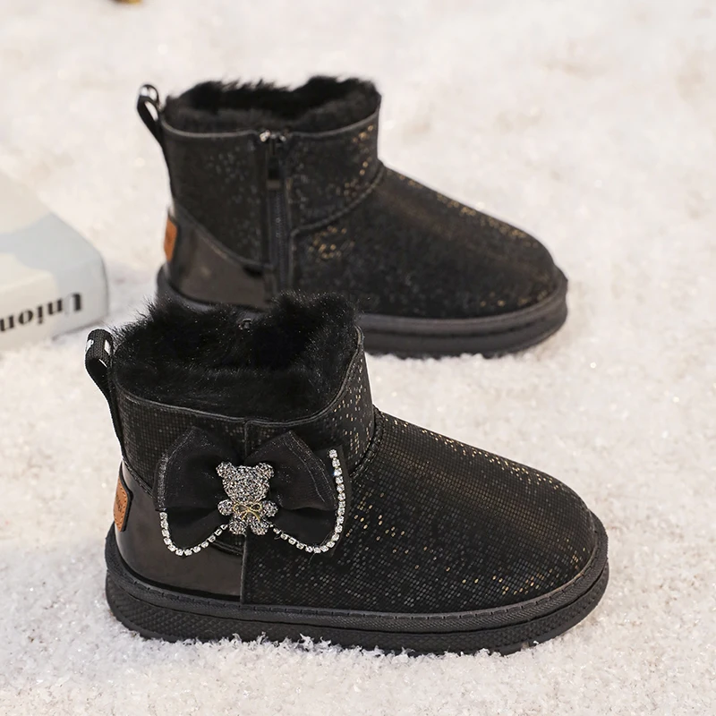 

Boy's Girl's Winter Warm Fur Lining Non-Slip Snow Shoes Ankle Flat Waterproof Outdoor Durable Plush Snow Boots for Kids