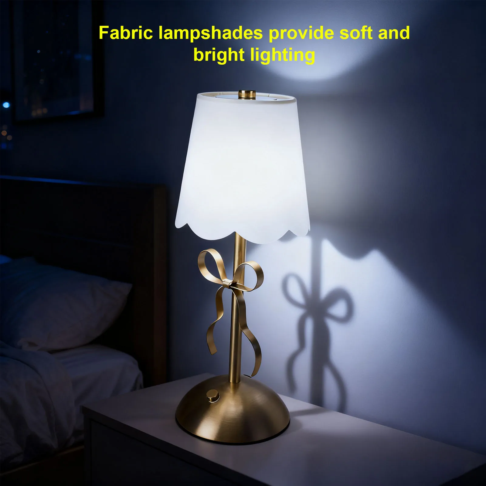 Bow Table Lamp with Fabric Shade Cute Decorative Metal Rechargeable Cordless Bedside Lamp for Bedroom Cute Bedside Touch Lamp