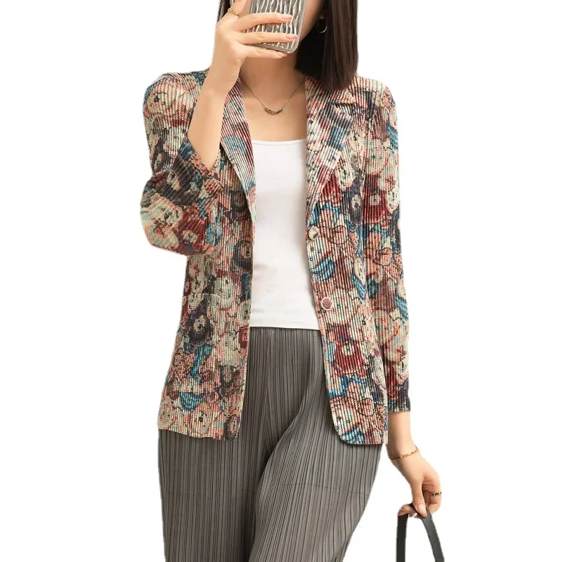 Miyake Pleated Printed Blazer Women's Design Niche Temperament Commuting Versatile Suit Collar Single-breasted Short Top