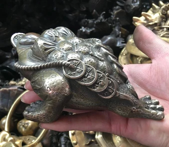 Free shipping 6"old chinese fengshui bronze gilt wealth money coin Toad Bufo Frog lucky statue 5