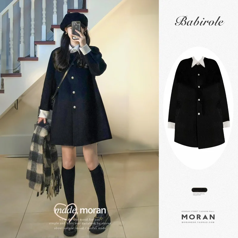 Korean Series Chaebol Gold Wool coat Dress Hepburn Graceful Black Woolen Coat High Grade Winter Little