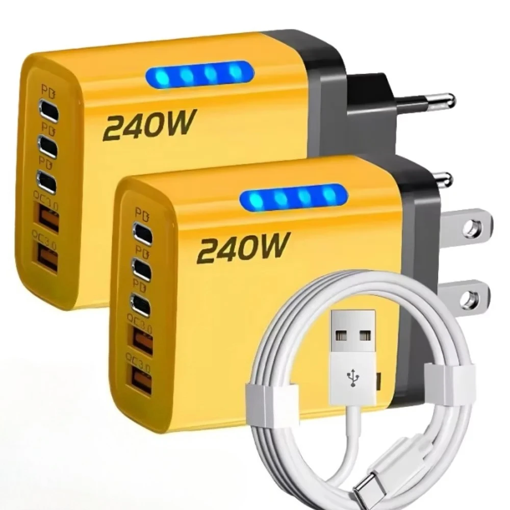 Chargeur rapide GaN 240W 2USB+3Type-C multi-ports 5 en 1 avec lumière LED, adaptateur mural pour iPhone 16 15 Pro Samsung