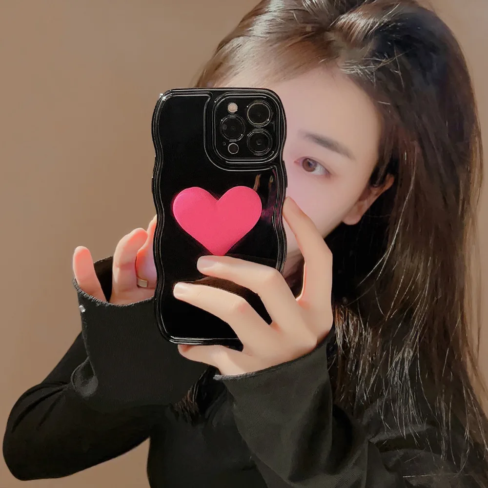 Black Air Cushion Wave Band Pink Heart Bracket Phone Case For iPhone15 14 13 12 11 Pro Max TPU Cover New Products