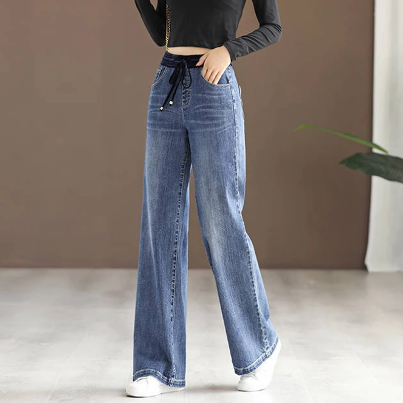 Women Plus Velvet Vintage Wide Leg Jeans Thicken Winter Baggy Vaqueros Pantalones High Waist Oversize 34 Warm Plush Denim Pants