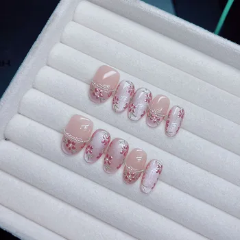 10Pcs Handmade Press on Nails Short Oval Flowers Blooming Pearl Chain False Nail for Women&Girl Removable Wearable Nail Art 1