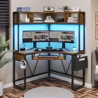 Small Computer Desk with Hutch & LED Lights, Triangle Corner Computer Desk with Keyboard Tray, Storage Bag 1