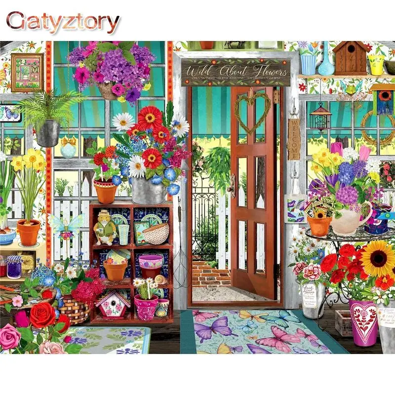 

GATYZTORY Frame Flower Shop Landscape Painting By Numbers Canvas Drawing Handpainted Kits Acrylic Paints Home Decor Wall Artwork