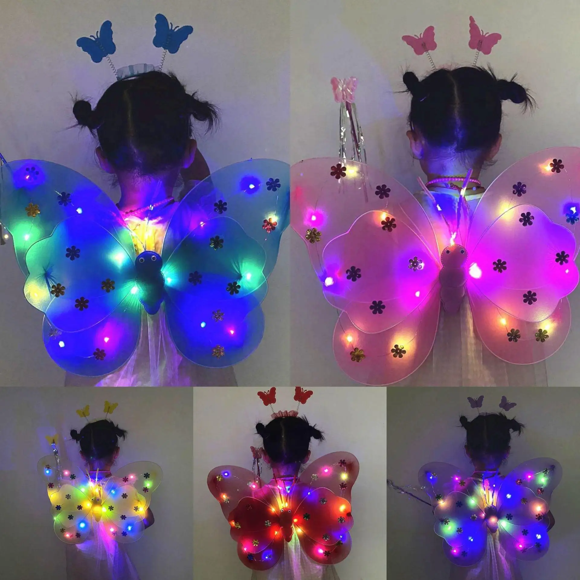 3Pcs LDE Luminous 2-layer Butterfly Wings Children's Luminous Butterfly Wing Performance Costumes Festival Party Fairy Costumes