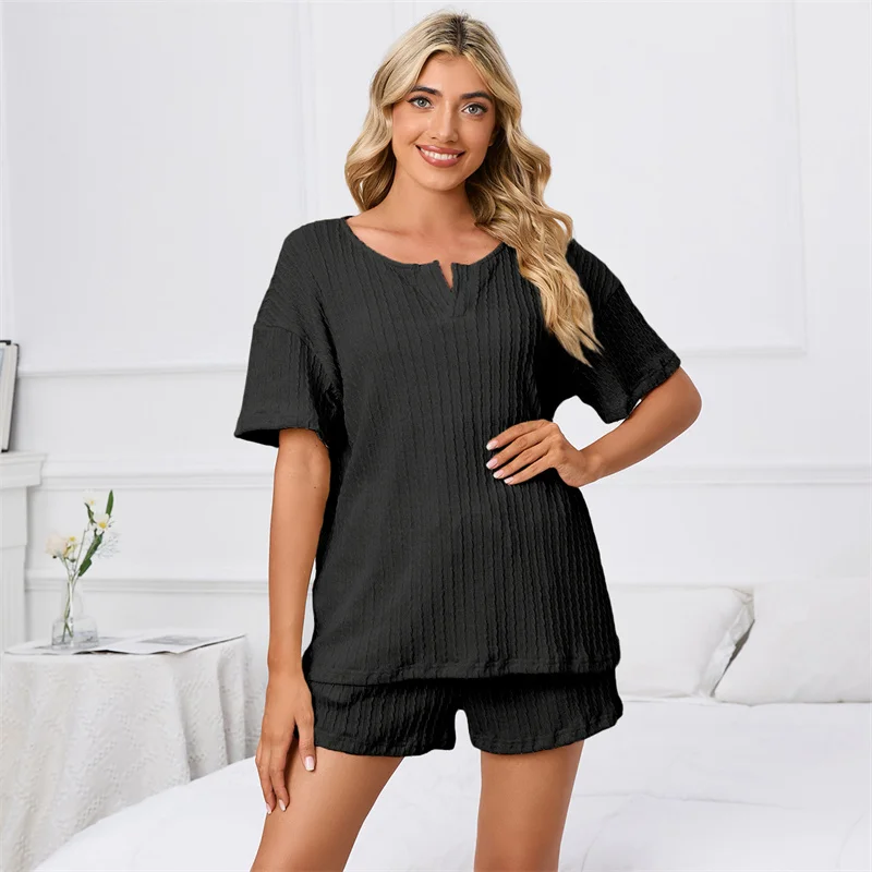 Spring Summer Women's Pajamas Set Solid V-Neck Short Sleeve Shorts Casual Sleepwear Comfortable Loose Fitting Home Clothing