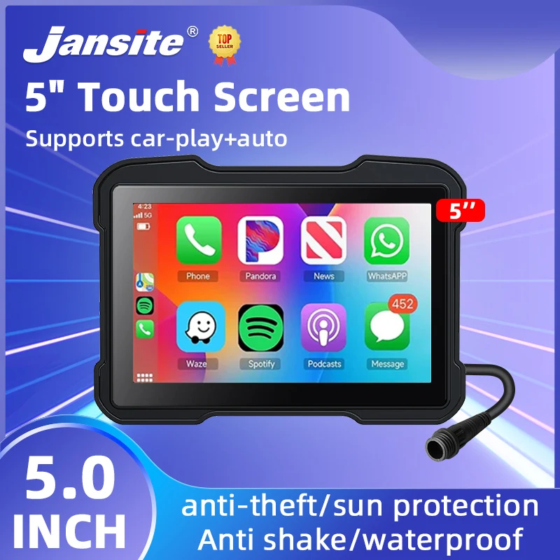 Jansite 5 inch Portable Motorcycle DVR LCD Display IPX7 Waterproof Monitor For Wireless Apple Carplay Android Auto Moto Car Play