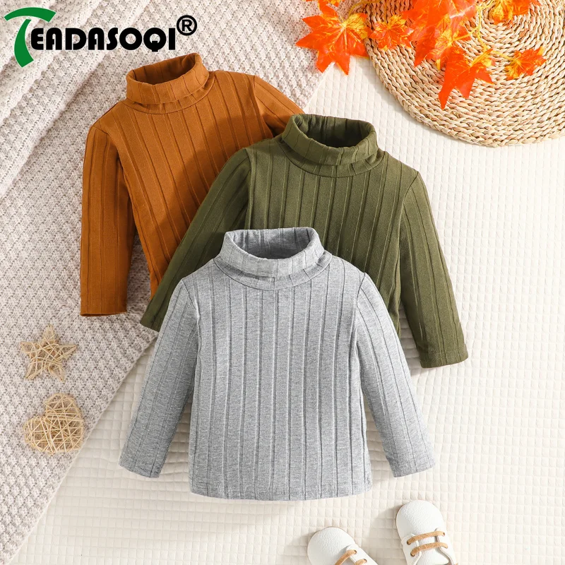 6M-3Y Spring Autumn Kids Baby Boys Long Sleeve High Neck Knit Pit Strip Casual Shirt Tops 3Pcs Set