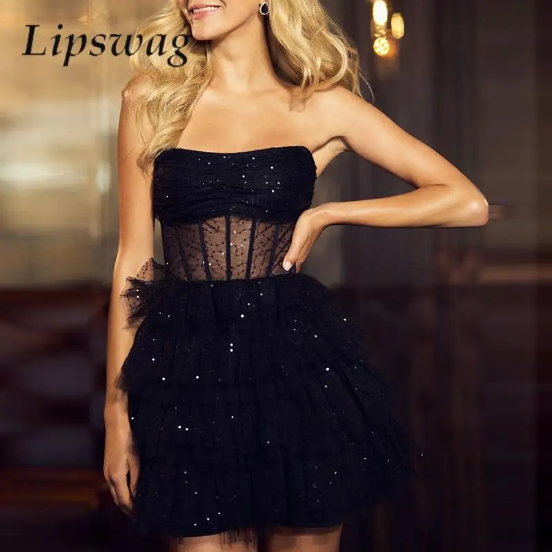 

Sexy Strapless Off Shoulder Party Dress Fashion Women Ruffles Cake Mini Dress Elegant Shiny Glitter Sequin Princess Mesh Dresses