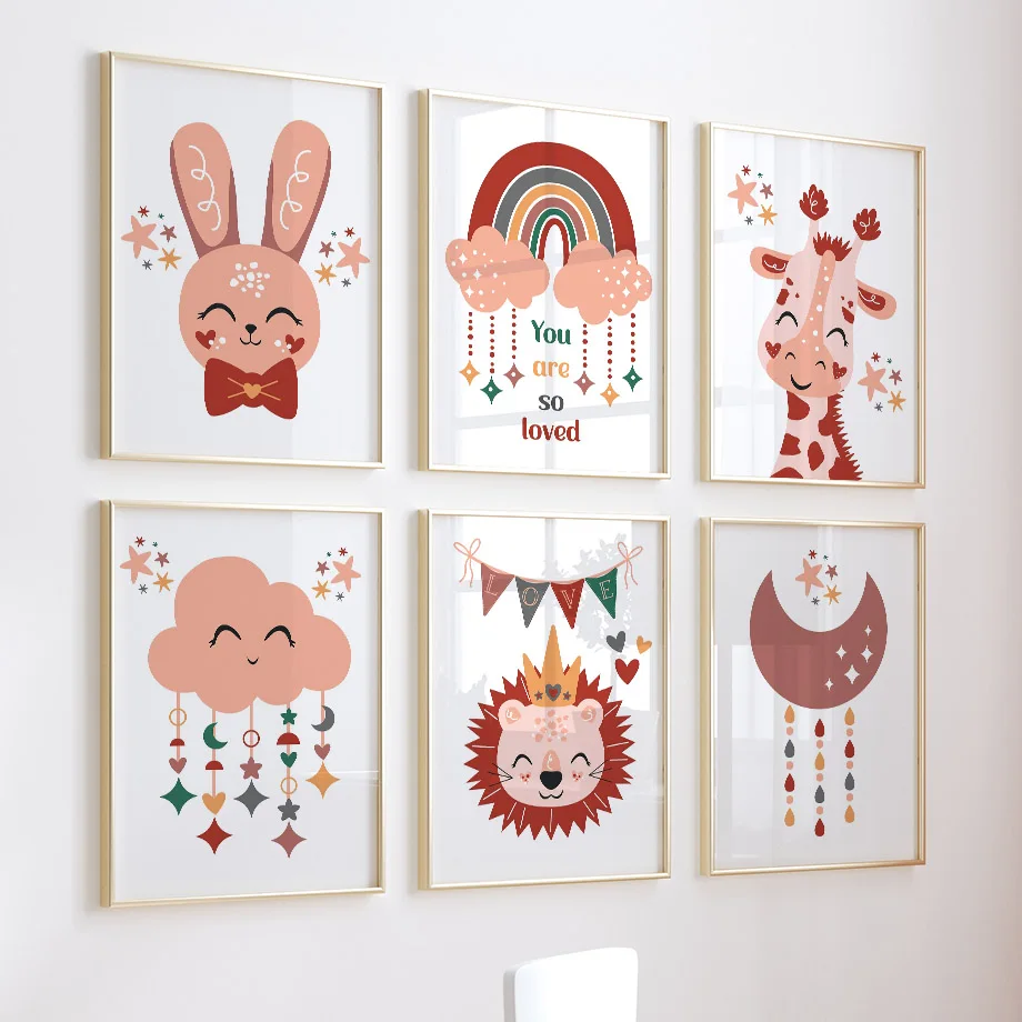 

Cartoon Lion Giraffe Rabbit Rainbow Cloud Moon Quotes Wall Art Posters Nursery Pictures Kids Room Decor CanvasPainting Prints