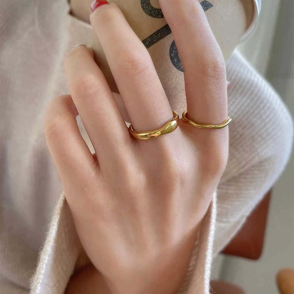 eManco Irregular Wave Rings Stainless Steel Trendy Simple Gold Color / Silver Color Geometric Jewelry for Women Couple