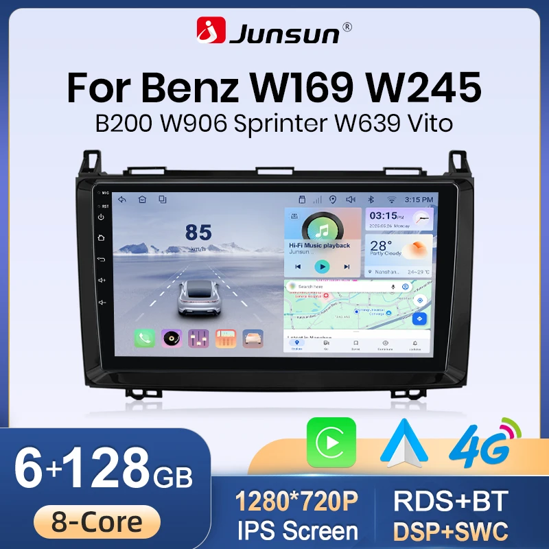 Radio para coche Junsun de 9 pulgadas con Android 15 para Mercedes Benz W169 W245 B200 W906 Sprinter W639 Vito, CarPlay inalámbrico, Android Auto, navegación GPS, reproductor multimedia, estéreo IPS, WiFi, 4G, Bluetooth, FM, AM, DSP, RDS, SWC, DAB, autoradio, unidad principal 2DIN 1