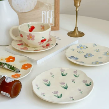 Creative Hand-painted Flower Pattern Ceramic Plate Underglaze Color Coffee Cup Dish Snacks Fruit Dessert Plates Gifts Saucers 1