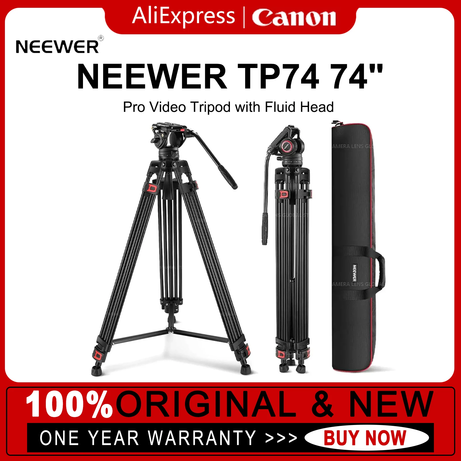 NEEWER 74 Pro Video Tripod with Fluid Head, Heavy Duty Aluminum Tripod  with 360° Pan&-70°/+90° Tilt Head Quick Release Plate and Mid-Level  Spreader