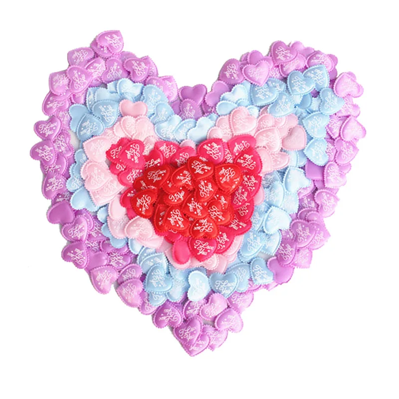 100Pc 35mm 5colors PrintI Love You Romantic Sponge Satin Fabric Heart Petals Wedding Table DIY Cloth Party Valentine Decorations