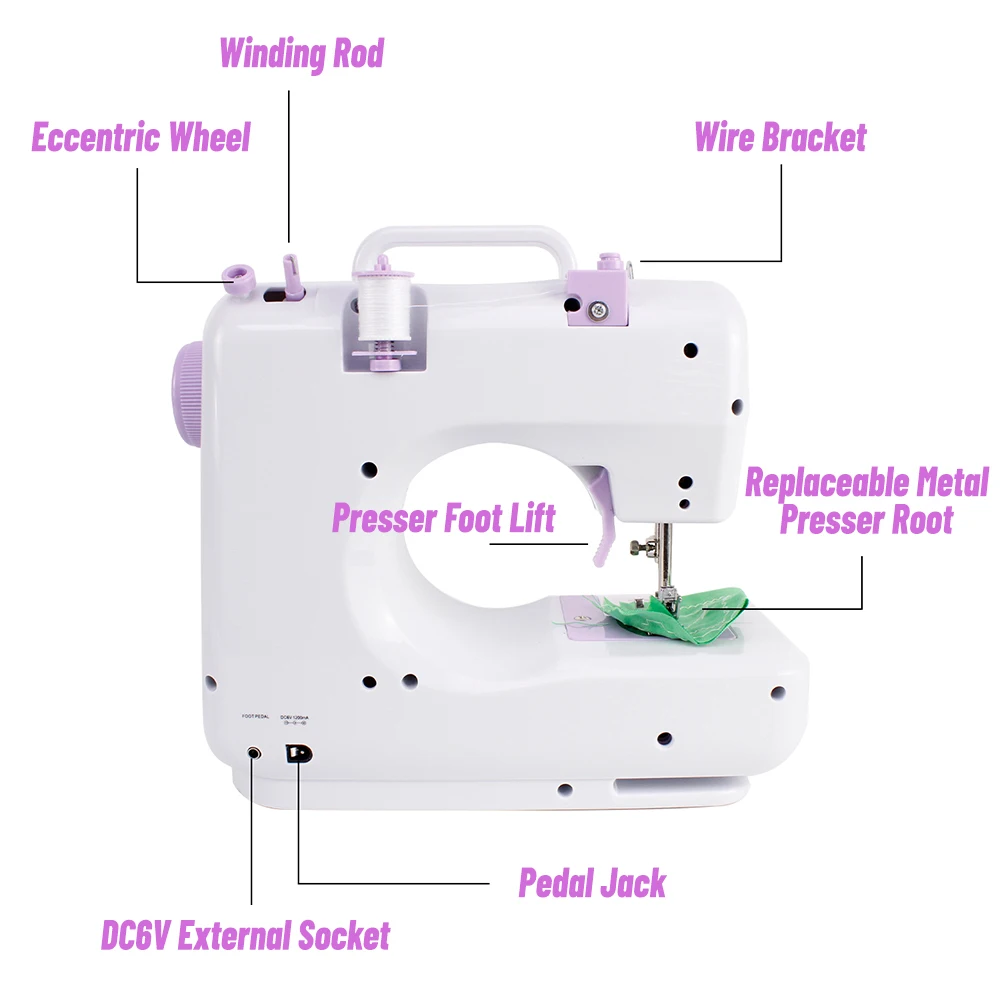 Portable Mini Electric Sewing Machine for Beginners 12 Stitches Foot Pedal Night Light Speed Control for DIY Home Sewing Mending 5