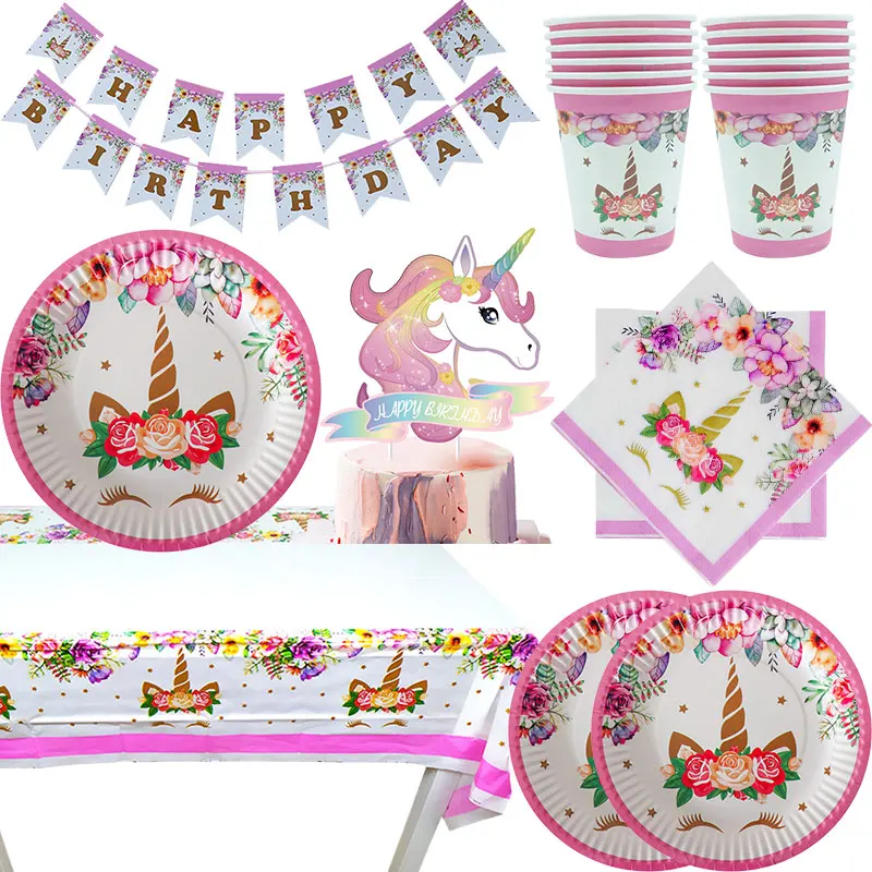 Unicorn Birthday party Supplies Tableware Set Plates Cups Banner Latex Balloon Kit Photography Background Kids Cartoon Decors