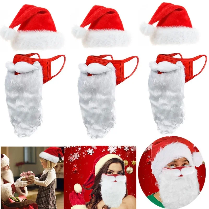 5pcs Christmas Hat+3D Santa Claus Beard Masks for Adult Kids Plush Thicken Warm Xmas Cap Merry Christmas Party Festival Supplies