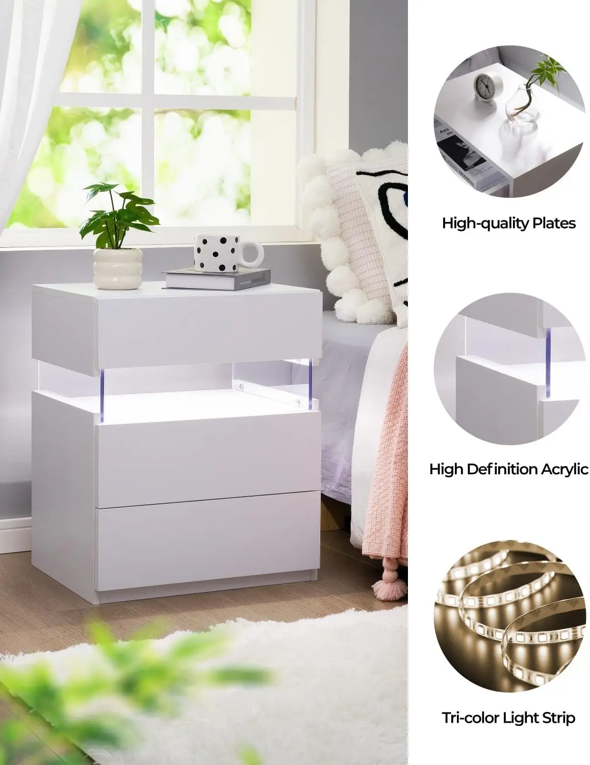 White Nightstands Set of 2 LED Nightstand White with Drawers Set of 2 Bedside Tables LED Lights for Bedroom Living Room