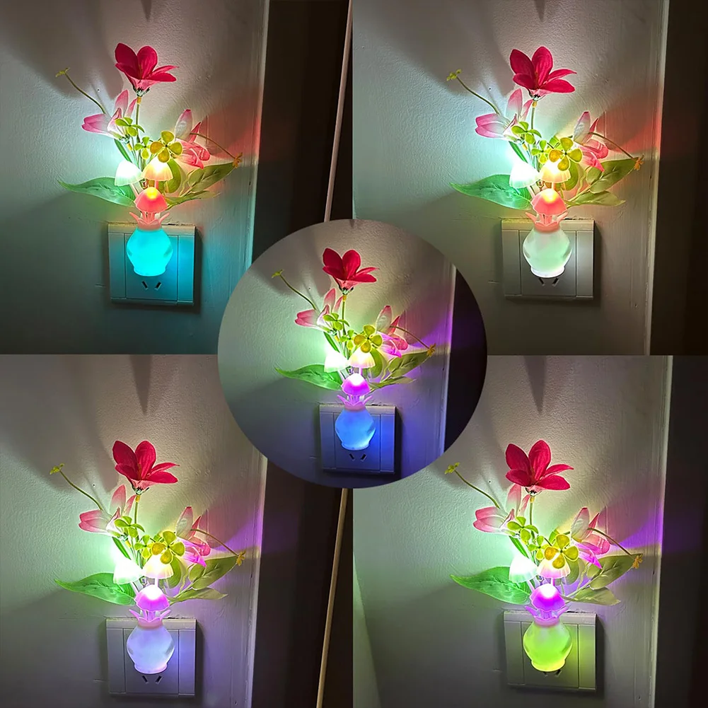 Plug-in Night Light With Built-in Light Sensor, RGB LED Mushroom Night Flower For Bedroom Nursery Kids Room