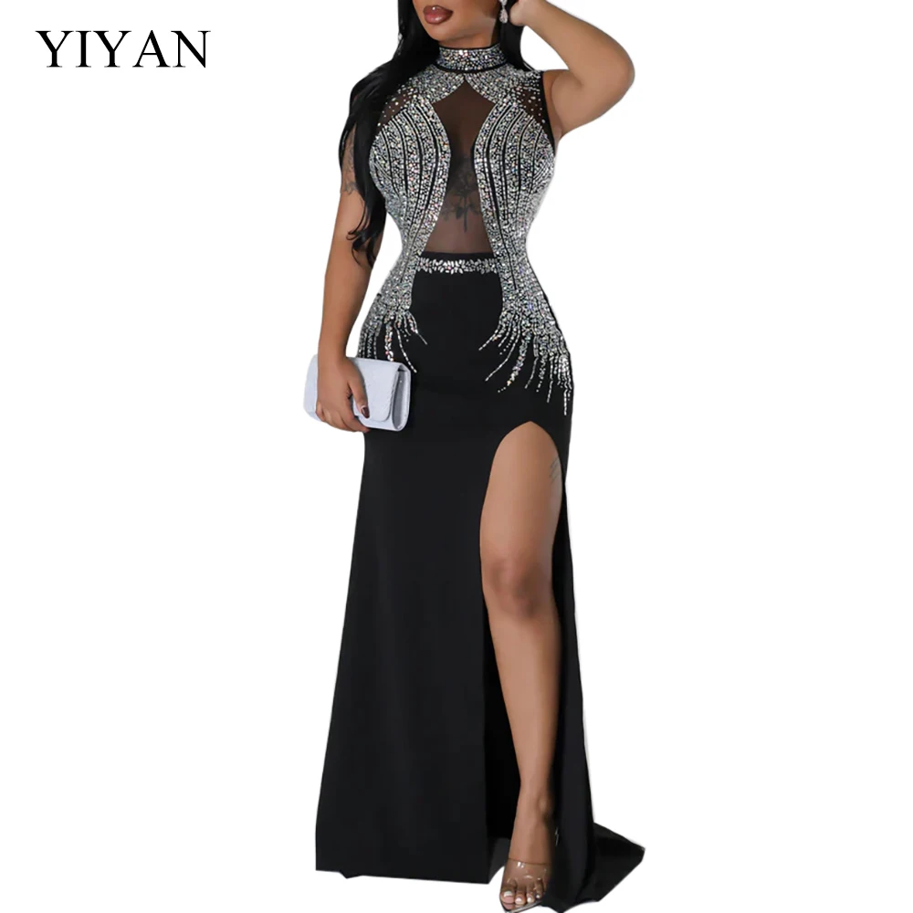 

YIYAN Rhinestone Diamonds Sexy Night Club Party Long Dresses Adorned Gown Slit Women Mesh Luxury Sleeveless Summer Black Red