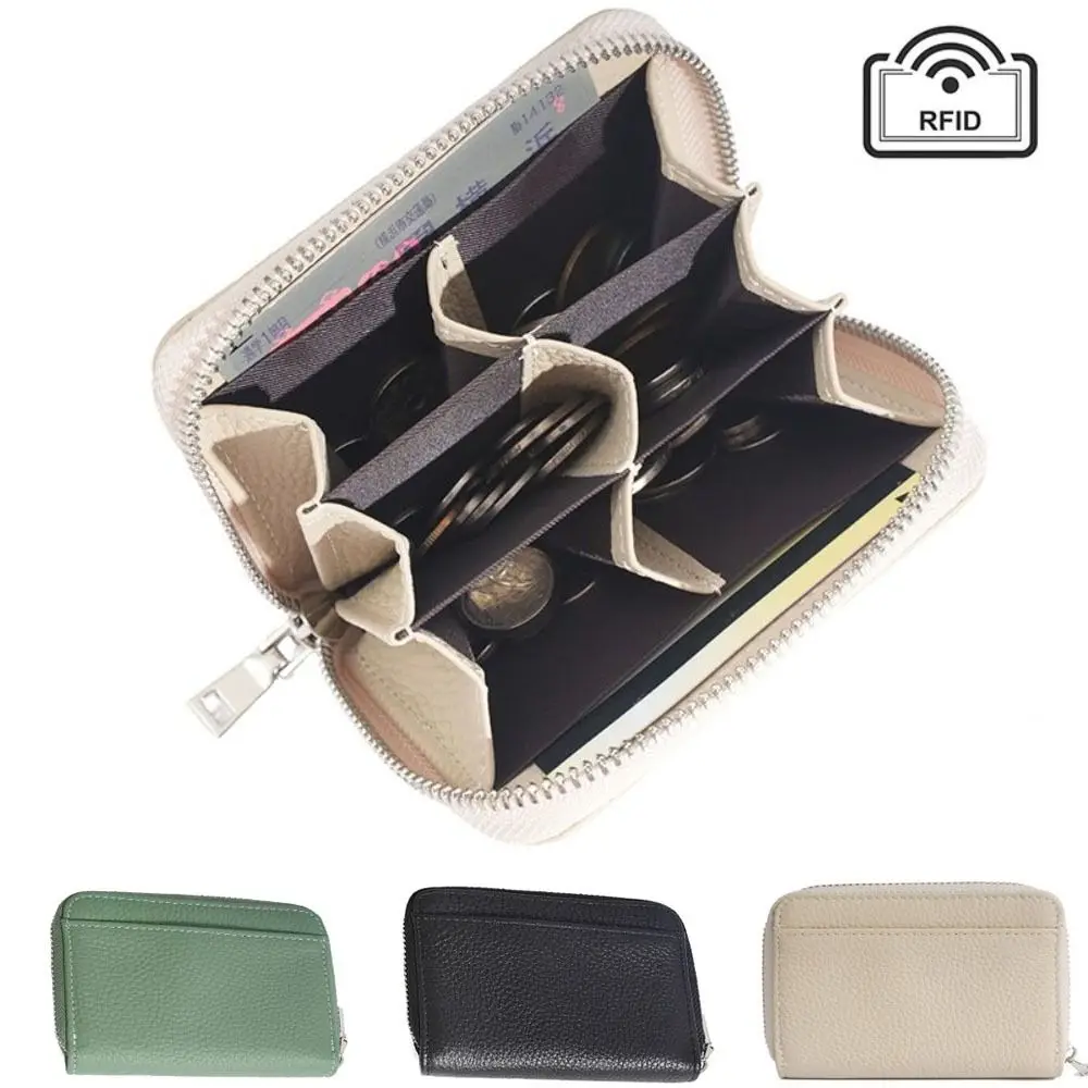 RFID Blocking Women's Card Bag Zipper Pocket Genuine Leather Credit Card Holders Large Capacity Soild Color Woman Short Wallet