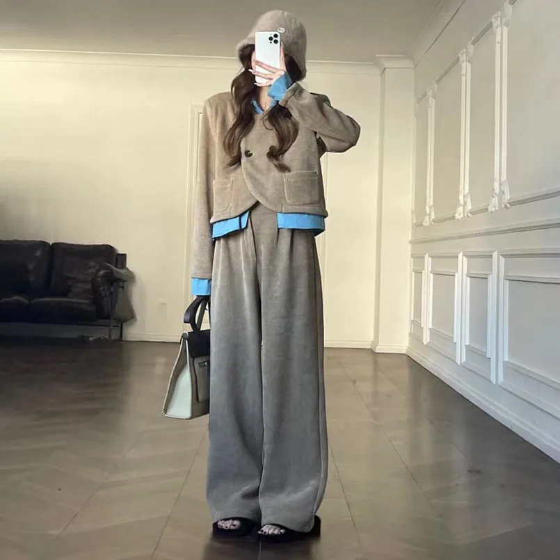 Fake Two Piece Set for Women's Spring New Pit Stripe Design Sense Spliced Top Wide Leg Pants Temperament Fashion Two Piece Set