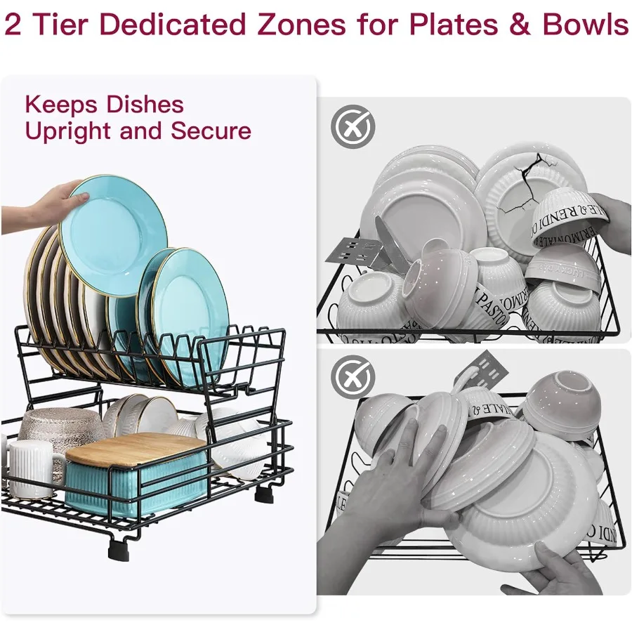 2 Tier Black Large Stainless Steel Dish Drainers Drying Rack for Kitchen Counter with Drainboard Rust Proof Metal Space Saving