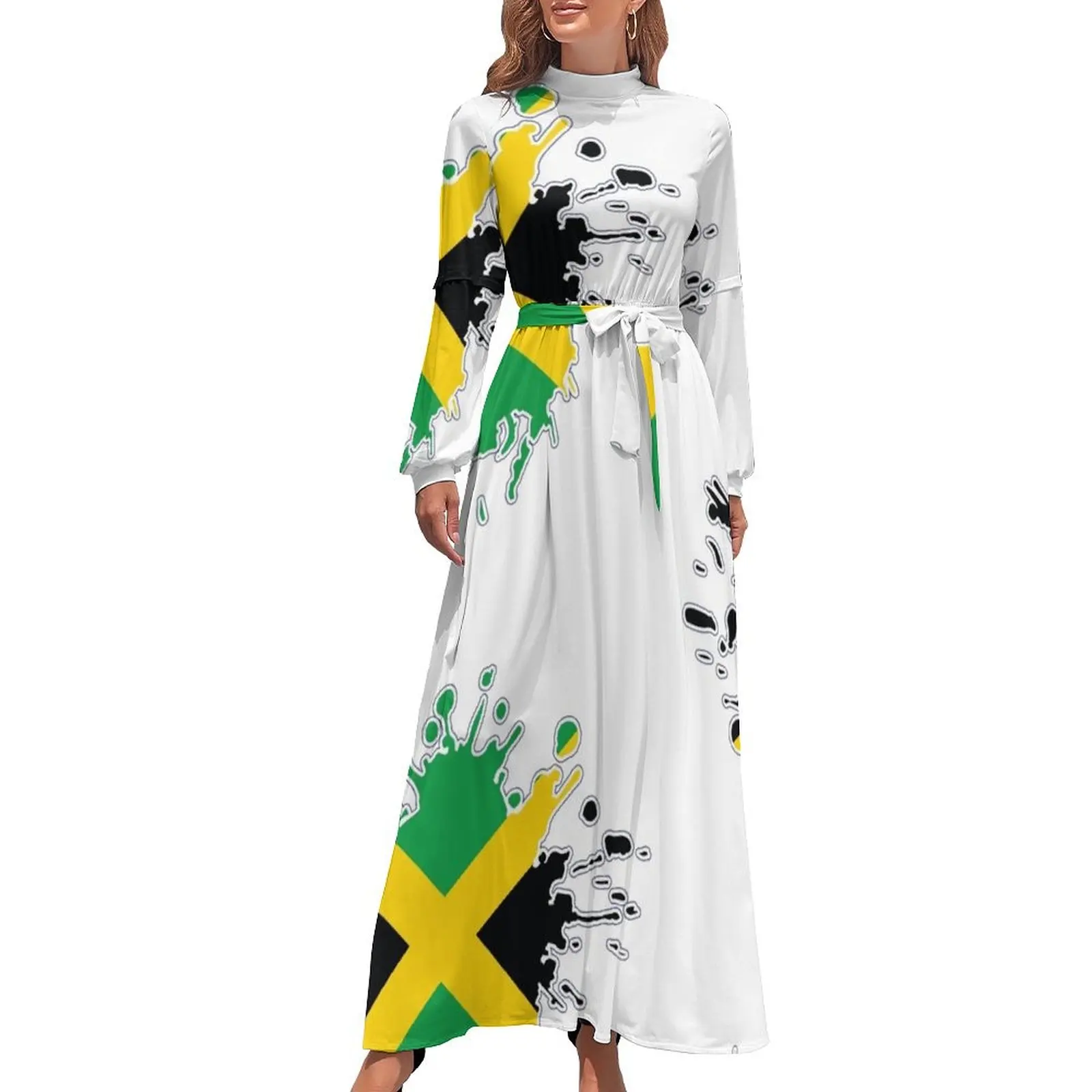 thumbnail image 1 of Vestido largo con estampado de la bandera nacional de Jamaica, vestidos con mangas largas, vestidos de baile, vestido largo para mujer, 1 of 5