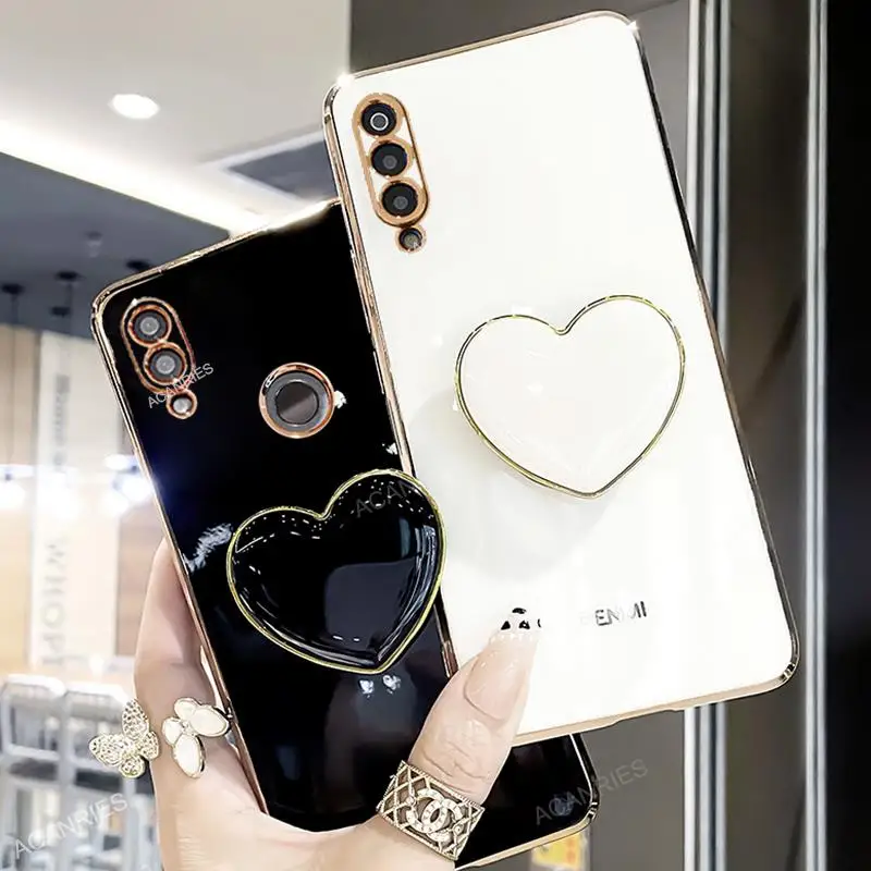 Luxury Plating Love Heart Silicone Phone Case with Foldable Holder