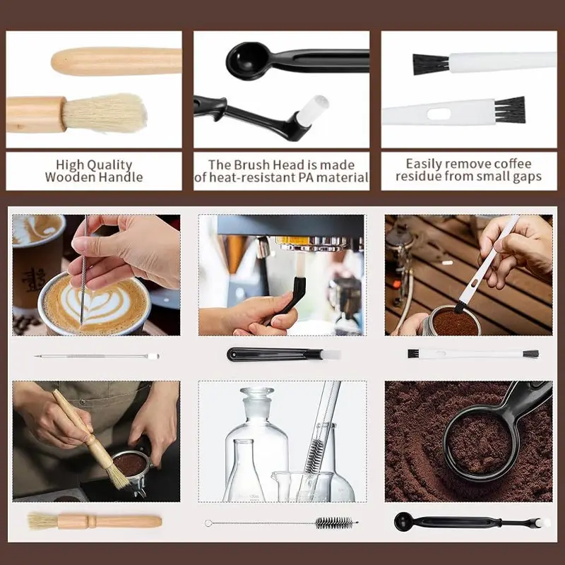 1 Set Coffee Machine Cleaning Brush Espresso Brush Kit Wooden Coffee Grinder Machine Duster Set