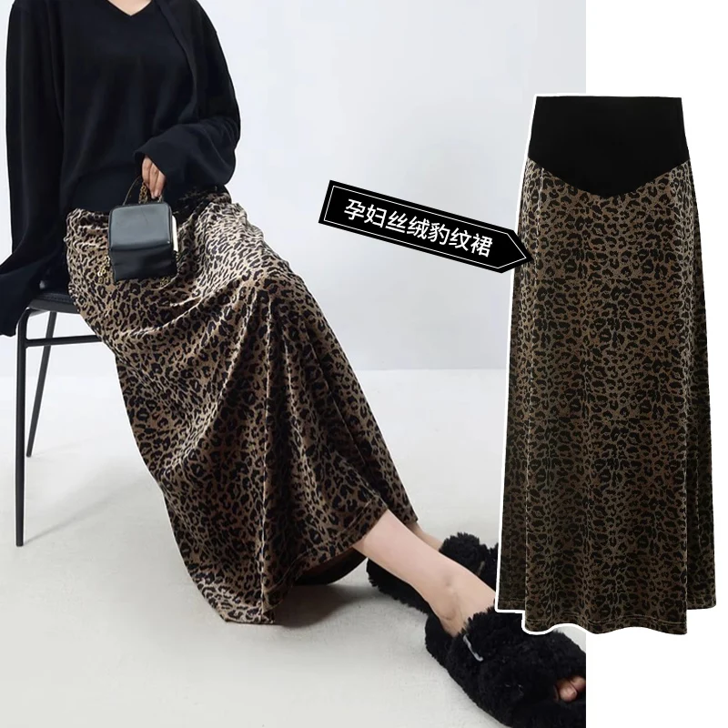 Good Quality Korean Style Maternity Fashion Skirt High Waist Leopard Print Pregnant Woman Step Skirt Long Pregnancy Velour
