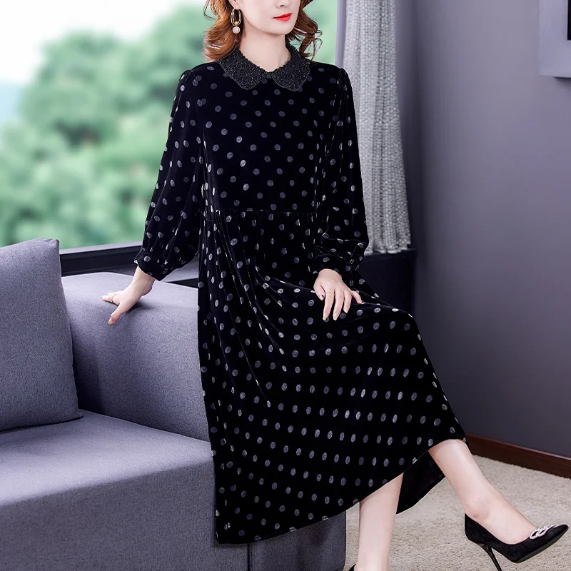 

Winter Autumn Large Size Gold Velvet Fashion Loose Eegant Flocking Vintage Flower Long Dress Jacquard Female Vestidos M