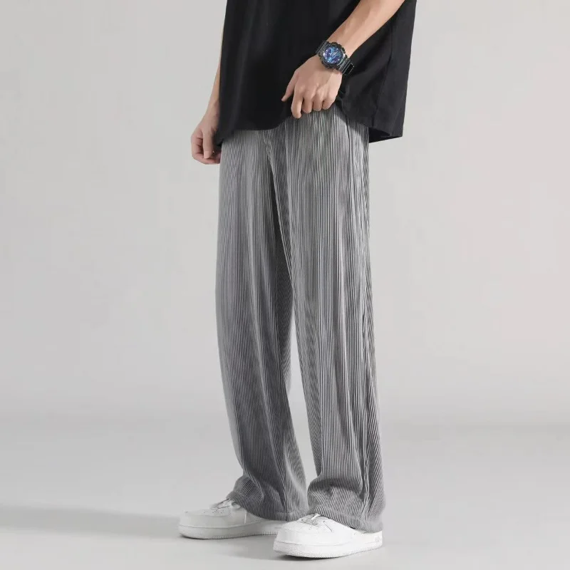 Summer Thin Ice Silk Straight Loose Casual Pants Men Solid Korean Elastic Waist Drawstring Patchwork Pocket Wide Leg Trousers