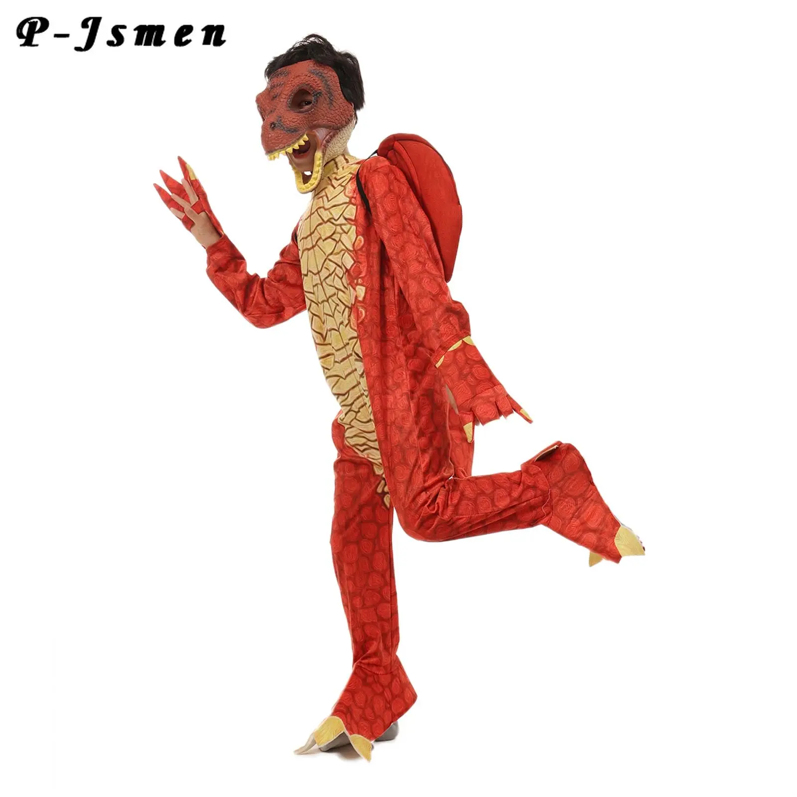 

P-jsmen Kids Dinosaur Cosplay Costume Dragon Jumpsuit Tails Wings Latex Masks Outfit Halloween Masquerade Props Full Sets Suits