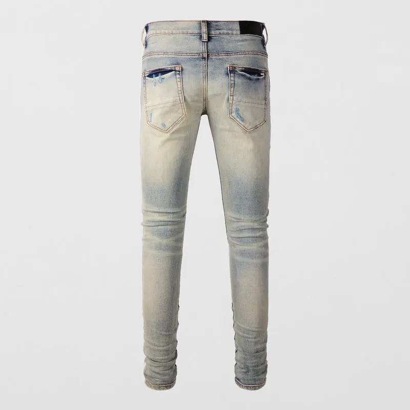 High Street Fashion Men's Jeans Elastic Tight Split Retro Light Blue Jeans Men's Patch Designer Hip Hop Brand Pants Hombre