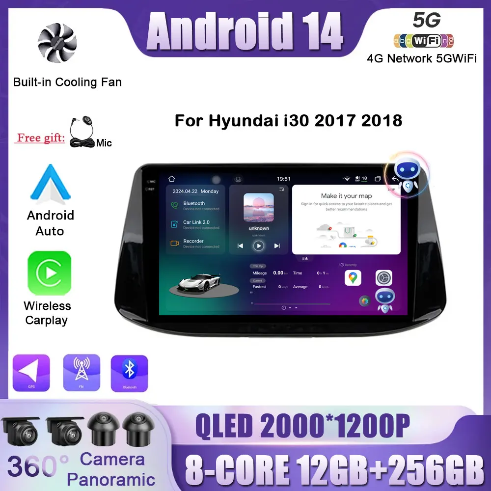Автомагнитола Carplay для Hyundai i30 2017 2018 Android 14, мультимедийный плеер, головное устройство, GPS-навигация, Wi-Fi + 4G стерео DSP