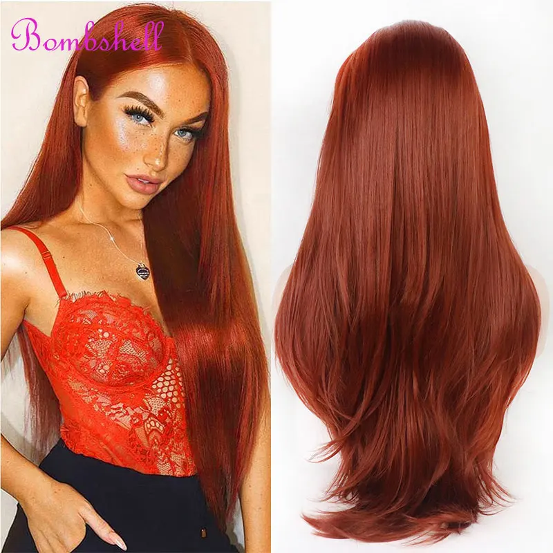 

Bombshell Copper Red Orange Long Straight Synthetic Lace Front Wig Pre Plucked Hairline Heat Resistant Fiber Hair For Women Wigs