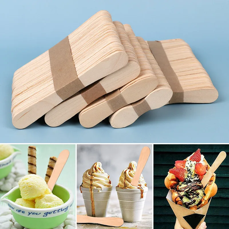 50/100Pcs Wood Ice Cream Popsicle Stick Summer Homemade Ice Cream Spoon DIY Hand Craft Stick Popsicle Accessories disposable dessert spoons